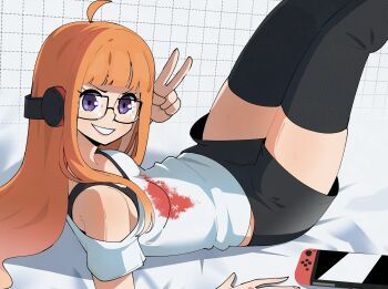 1girl absurdres ahoge behind-the-head_headphones black_thighhighs breasts from_side gjh glasses grin headphones highres long_hair lying nintendo_switch on_back orange_hair persona persona_5 purple_eyes sakura_futaba shirt small_breasts smile solo thighhighs thighs v v-shaped_eyebrows very_long_hair white_shirt