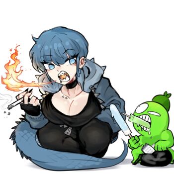 1boy 1girl black_choker black_pants blue_eyes blue_hair blue_hoodie breasts choker cigarette commentary_request earrings fire food highres hood hoodie ice_cream jewelry kame-chan_(oligogi_meoggosipda) korean_commentary lizard_tail monster_girl oligogi_meoggosipda pants popsicle short_hair smoke tail white_background