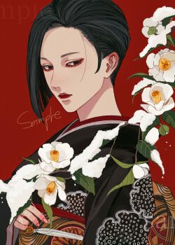 1girl asymmetrical_hair black_eyes black_hair black_kimono blunt_ends closed_mouth commission flower from_side hairstyle_request highres japanese_clothes kagoya1219 kimono leaf looking_at_viewer looking_to_the_side obi obijime original print_kimono print_sash red_background sample_watermark sash short_hair simple_background snow solo upper_body watermark white_flower