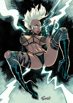 1girl black_boots black_gloves black_panties blank_eyes boots bra breasts dark-skinned_female dark_skin fingerless_gloves fishnet_bra gloves high_heel_boots high_heels large_breasts lightning m/ marvel mohawk navel nipples panties penerotic signature solo storm_(x-men) underwear white_hair x-men