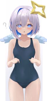 1girl :o ? absurdres alternate_costume amane_kanata angel_wings blue_eyes blue_hair blue_one-piece_swimsuit blush collarbone colored_inner_hair cowboy_shot curious feathered_wings grey_hair hair_between_eyes hair_intakes halo highres hololive multicolored_hair nishiki_vx one-piece_swimsuit open_mouth sidelocks signature simple_background solo star_halo swimsuit variant_set virtual_youtuber wet wet_clothes wet_swimsuit white_background white_wings wings