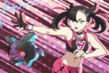 1girl arm_up asymmetrical_bangs black_choker black_hair black_nails black_sports_bra breasts choker dynamax_band earrings gen_8_pokemon gloves green_eyes hair_ribbon hand_up jewelry looking_to_the_side marnie_(pokemon) midriff morpeko morpeko_(hangry) navel nintendo official_alternate_costume open_hand open_mouth otona_kasuke outstretched_arms pants pokemon pokemon_swsh purple_pants red_ribbon ribbon signature single_earring single_glove small_breasts sports_bra star_(symbol) star_symbol_background stomach twintails undercut upper_body v-shaped_eyebrows