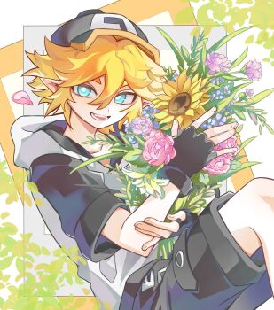 Rule 34 | 1boy, aotu world, baseball cap, black gloves, black hat, black shorts, blonde hair, blue eyes, blue flower, bouquet, chinese commentary, fangs, fingerless gloves, flower, gloves, hair between eyes, hat, highres, holding, holding bouquet, holding flower, hood, hood down, hoodie, king (aotu world), leaf, looking at viewer, male focus, multicolored hat, multicolored hoodie, open mouth, petals, pink flower, pink petals, pointy ears, rose, short hair, short sleeves, shorts, sitting, smile, solo, sunflower, teeth, white hoodie, yellow flower, zaoxi395