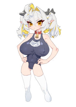1girl absurdres ahoge bell bow breasts cameltoe collar collar_bell colored_inner_hair covered_clitoris covered_erect_nipples cropped_legs crotch curly_hair feet_out_of_frame gluteal_fold hair_bow hair_intakes hands_on_own_hips highres huge_breasts legs legs_apart loli long_ears multicolored_hair no_nose oppai_loli petite pointy_ears school_swimsuit serious simple_background skinny solo standing straight-on swimsuit thick_eyelashes thighhighs thighs twintails white_background white_hair white_thighhighs wohaimeiyou yellow_eyes