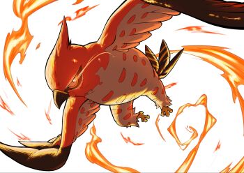 animal_focus beak bird eye_trail fire gen_6_pokemon glowing glowing_eyes highres light_trail looking_at_viewer nintendo no_humans pokemon pokemon_(creature) pokemon_focus red_eyes takenoko_oishil talonflame talons wings