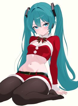 1girl absurdres aqua_eyes aqua_hair belt blush breasts brown_pantyhose closed_mouth crop_top feet frown futatunoniji hair_between_eyes hair_ornament hatsune_miku highres long_hair long_sleeves midriff navel pantyhose red_shirt red_shorts santa_costume shirt shorts solo stomach toes twintails very_long_hair vocaloid