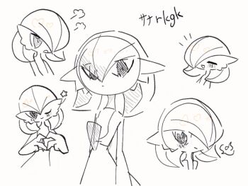 Rule 34 | 1girl, = =, arms at sides, blush, bob cut, closed mouth, expressionless, female focus, flat chest, gardevoir, gen 3 pokemon, greyscale, hair between eyes, hair over one eye, happy, heart, heart hands, japanese text, looking afar, looking at viewer, monochrome, multiple views, musical note, nintendo, notice lines, one eye closed, one eye covered, open mouth, pokemon, pokemon (creature), puff of air, romaji text, short hair, simple background, sketch, smile, spoken musical note, spoken star, spot color, standing, star (symbol), translated, white background, wink, yuri (fl0werspace)