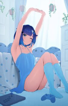 1girl absurdres aqua_socks armpits arms_up ass bedroom blue_chemise blue_eyes blue_hair bob_cut carpet chemise closed_mouth commentary_request controller expressionless flower game_controller hair_flower hair_ornament hanging_plant highres indoors knees_up looking_at_viewer no_shoes on_floor one_eye_closed plant potted_plant sitting sleeveless socks solo stretching stuffed_toy tsumugi_kokage virtual_youtuber vspo! wanitaroo._(waniwani_panic) white_flower