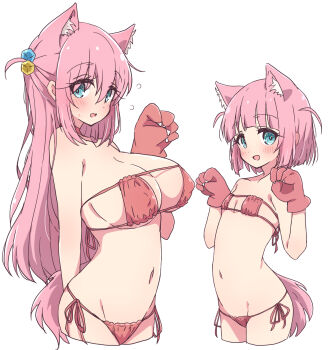 2girls :d age_difference animal_ear_fluff animal_ears animal_hands aqua_eyes bikini blue_eyes blush bocchi_the_rock! breasts cat_ears commentary_request covered_erect_nipples cube_hair_ornament dog_ears dog_girl dog_tail eyepatch_bikini female_focus flat_chest gloves gotoh_futari gotoh_hitori hair_between_eyes hair_ornament highres kemonomimi_mode large_breasts loli long_hair looking_at_viewer mel_(melty_pot) multiple_girls navel one_side_up onee-loli open_mouth paw_gloves pink_bikini pink_hair red_bikini short_hair siblings side-tie_bikini_bottom simple_background sisters smile stomach swimsuit tail white_background