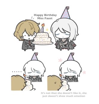 Rule 34 | ..., . ., 1boy, 1girl, belt, birthday cake, black belt, black coat, black pants, black vest, blonde hair, cake, candle, candlelight, character name, chibi, chibi only, closed eyes, closed mouth, coat, coat on shoulders, collared shirt, dress shirt, english text, eyelashes, facing another, faust (project moon), food, giving food, grey shirt, grey sleeves, hand on own arm, happy, happy birthday, hat, highres, holding, holding cake, holding food, lapels, limbus company, necktie, ohzv, open clothes, open coat, open mouth, pants, party hat, project moon, red necktie, sequential, shirt, short hair, sinclair (project moon), striped hat, suspender pants, sweatdrop, undershirt, v-neck, vest, white background, white hair, white shirt