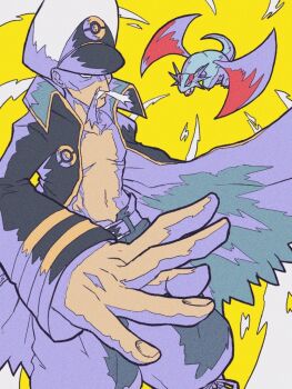 1boy belt closed_mouth coat collared_coat drake_(pokemon) facial_hair gen_3_pokemon grey_hair hat long_sleeves mustache nintendo no_shirt old onigiri_debu open_clothes open_coat pokemon pokemon_rse salamence white_hat