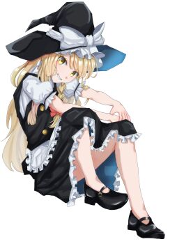 Rule 34 | 1girl, black hat, black shoes, black skirt, black vest, blonde hair, bow, braid, commentary request, dinotodon, frilled hat, frilled skirt, frills, hair bow, hat, hat bow, highres, kirisame marisa, long hair, red bow, shirt, shoes, short sleeves, single braid, sitting, skirt, solo, touhou, very long hair, vest, white background, white shirt, witch hat, yellow eyes