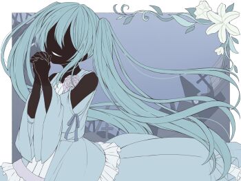 aqua_hair baggy_clothes bare_shoulders blue_dress building chii1113 clothing_cutout colored_eyelashes cross dress dress_flower dress_ribbon evil_smile evillious_nendaiki false_smile fisheye flower frilled_dress frills hair_between_eyes half-closed_eyes hatsune_miku highres lily_(flower) long_hair looking_at_viewer margarita_blankenheim nemurase_hime_kara_no_okurimono_(vocaloid) own_hands_clasped own_hands_together rose shoulder_cutout signature silhouette smile twintails very_long_hair vocaloid white_flower white_rose wide_sleeves
