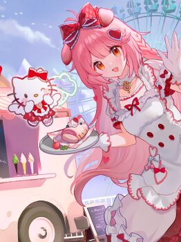 1girl :d animal animal_ears apron arknights blue_sky bow braid brown_eyes building cake chinese_commentary cloud commentary_request day dress ferris_wheel floppy_ears food frilled_apron frilled_dress frills gloves goldenglow_(arknights) hair_bow hair_ornament heart heart_hair_ornament heise_changmaomao hello_kitty highres holding holding_tray ice_cream long_hair looking_at_viewer open_mouth orange_eyes outdoors pink_hair plate puffy_short_sleeves puffy_sleeves red_bow sanrio short_sleeves sky smile solo tray very_long_hair white_apron white_dress white_gloves