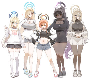 Rule 34 | 5girls, absurdres, ahoge, akane (blue archive), alternate costume, asuna (blue archive), bare legs, black dress, black hair, black jacket, black skirt, black sweater, blonde hair, blue archive, blush, braid, breasts, brown hair, brown pantyhose, casual, choker, cleaning &amp; clearing (blue archive), cleavage, commentary, crocs, crop top, dark-skinned female, dark skin, denim, denim shorts, dress, finger to cheek, full body, gradient hair, grey shorts, half up braid, halo, heart, high ponytail, highres, jacket, jewelry, karin (blue archive), large breasts, letterman jacket, looking at viewer, mary janes, micasa tto, mole, mole on breast, multicolored hair, multiple girls, navel, necklace, neru (blue archive), o-ring, o-ring choker, orange hair, own hands together, pantyhose, pleated skirt, ponytail, purple hair, shoes, short hair, shorts, simple background, single braid, skirt, smile, sneakers, standing, stomach, straight hair, sweater, thighhighs, toki (blue archive), v, white background, white skirt, white thighhighs