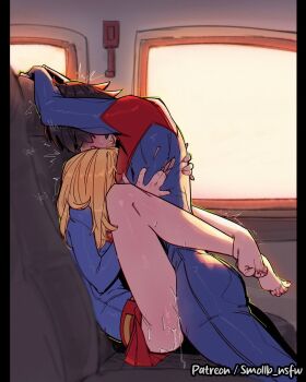 2girls artist_name ass barefoot black_hair blonde_hair blue_bodysuit blush bodysuit breasts car_interior cum dc_comics from_side futa_with_female futanari highres long_hair multiple_girls red_bodysuit red_skirt short_hair skirt small_breasts smollb_nsfw supergirl superhero_costume superman_(series) sweat