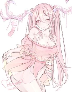 1girl absurdres antler_ornament antlers bare_shoulders blossum_(vtuber) breasts cleavage closed_mouth collarbone commentary commission cowboy_shot double-parted_bangs dress english_commentary flower frilled_dress frills hair_between_eyes highres horn_flower horns indie_virtual_youtuber long_hair looking_at_viewer medium_breasts off-shoulder_dress off_shoulder one_eye_closed pink_dress pink_eyes pink_hair pink_theme pointy_ears rosheil short_sleeves simple_background skirt_hold smile solo symbol-shaped_pupils virtual_youtuber white_background