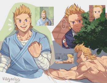 ... addy_(@vegeebs) anime_screenshot_inset blonde_hair blue_eyes boku_no_hero_academia clenched_hand closed_mouth commentary derivative_work english_commentary highres male_focus multiple_views open_mouth peeking_out scar scar_on_arm screenshot_redraw short_hair speech_bubble spoken_ellipsis thought_bubble togata_mirio v-shaped_eyebrows