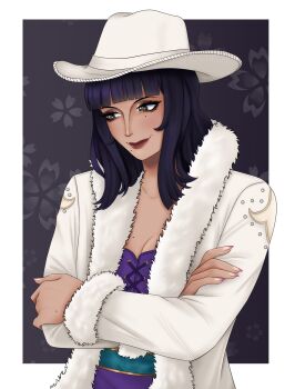 1girl black_eyeshadow black_hair blunt_bangs border brown_eyes closed_mouth coat commentary cowboy_hat crossed_arms english_commentary eyeshadow flower fur-trimmed_coat fur_trim ghostieleeghost hat highres long_hair makeup mascara mole nico_robin one_piece one_piece_(live_action) purple_shirt red_lips shirt smile solo upper_body white_border white_coat white_hat