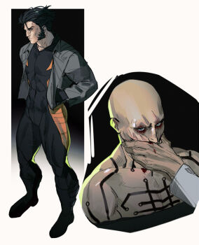 alternate_costume bald black_hair bodysuit closed_mouth covering_another's_mouth deadpool facial_hair full_body gloves hand_in_pocket hand_over_another's_mouth hashtag-only_commentary highres jacket limach-an male_focus marvel muscular muscular_male pectorals short_hair topless_male weapon_xi wolverine_(x-men) x-men x-men_film_series x-men_origins:_wolverine