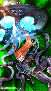1girl :d artist_request atlus belt black_bodysuit blunt_bangs bodysuit breasts copyright_name copyright_notice floating_hair glasses glint gloves green_background green_belt green_theme hair_spread_out highres knee_pads lights long_hair looking_at_viewer necronomicon_(persona_5) official_art open_mouth oracle_(persona_5) orange_hair persona persona_5 persona_5_scramble:_the_phantom_strikers purple_eyes sakura_futaba small_breasts smile solo spacecraft tentacles