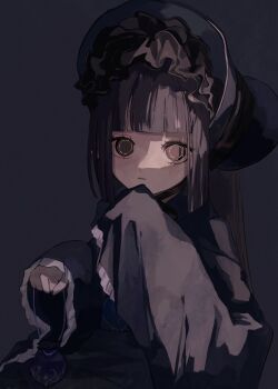 1girl black_background black_bonnet black_eyes black_hair black_kimono blunt_bangs blunt_sidelocks blush bonnet chinstrap commentary_request frilled_bonnet frills hand_on_own_chin highres holding_kinchaku japanese_clothes kimono kinchaku long_hair long_sleeves looking_at_viewer obi original parted_lips pouch ringed_eyes sash sidelocks solo straight_hair uki_bukuro upper_body wide_sleeves