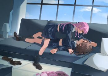2girls artist_request bang_dream! bang_dream!_it's_mygo!!!!! black_socks blue_shirt blue_skirt chihaya_anon chinese_commentary commentary_request commission couch cushion indoors long_hair long_sleeves lying midriff multiple_girls nagasaki_soyo navel on_back open_mouth pink_hair school_uniform second-party_source shirt shoes skirt socks tsukinomori_school_uniform unworn_shoes yuri