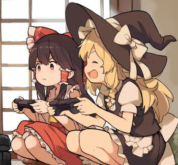 2girls apron asakura_maru ascot black_hat black_skirt black_vest blonde_hair blush bow braid braided_sidelock brown_eyes brown_hair collarbone commentary_request controller deformed detached_sleeves determined double-parted_bangs feet_out_of_frame frilled_apron frilled_bow frilled_hair_tubes frilled_hat frilled_shirt_collar frilled_skirt frills game_controller hair_between_eyes hair_bow hair_tubes hakurei_reimu hat hat_bow holding holding_controller holding_game_controller indoors kirisame_marisa long_hair multiple_girls pout puffy_short_sleeves puffy_sleeves red_bow red_ribbon red_shirt red_skirt ribbon ribbon-trimmed_sleeves ribbon_trim sailor_collar shirt short_sleeves side-by-side sidelocks skirt sleeveless sleeveless_shirt squatting touhou turtleneck turtleneck_shirt vest waist_apron white_apron white_bow white_sailor_collar white_shirt white_sleeves wide_sleeves witch_hat yellow_ascot