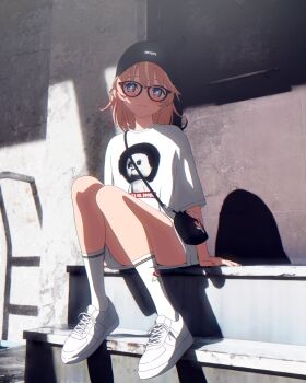 +_+ 1girl 3d alternate_hairstyle bag baseball_cap black-framed_eyewear black_bag black_hat blender_(medium) blonde_hair bright_pupils cel_rendering cel_shading closed_mouth clothes_writing commentary convenient_leg day english_commentary english_text flower full_body glasses hair_flower hair_ornament hat highres light_smile looking_at_viewer mixed-language_commentary multicolored_eyes multicolored_hair no_pants orange_hair outdoors pink_eyes print_shirt purple_eyes rinne_(rinrinne) rinrinne rinrinne39_(artist) shirt shoes short_hair short_sleeves shoulder_bag sitting sneakers socks solo split_mouth streaked_hair t-shirt virtual_youtuber wall white_pupils white_shirt white_shoes white_socks