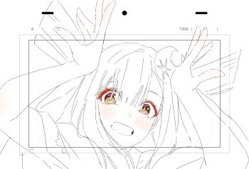 1girl arms_up brown_eyes chou_kaguya-hime! crescent crescent_hair_ornament grin hair_ornament hashtag-only_commentary highres kaguya_(chou_kaguya-hime!) long_hair looking_at_viewer nagamura_san partially_colored rabbit_pose smile solo upper_body