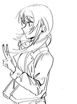 1girl absurdres chinese_commentary commentary_request earclip floating_hair girls_band_cry greyscale haidao_mao highres jacket kawaragi_momoka long_hair long_sleeves monochrome nail_polish shirt simple_background solo v white_background