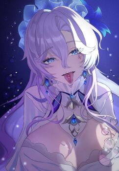 1girl air_bubble ayahabihabi blue_eyes blue_flower blue_hair breasts bubble cantarella_(wuthering_waves) cleavage dress earrings facial_mark flower hair_between_eyes hair_flower hair_ornament headdress highres huge_breasts jewelry long_hair looking_at_viewer mark_under_eye open_mouth purple_hair shrug_(clothing) smile solo tacet_mark_(wuthering_waves) tongue tongue_out underwear upper_body very_long_hair white_dress white_shrug wuthering_waves