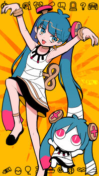 2girls absurdres aimaina arms_up bandages blue_eyes blue_hair dress fujimi_gokko_(vocaloid) hatsune_miku highres long_hair multiple_girls open_mouth pinocchio-p screw_hair_ornament short_dress standing standing_on_one_leg terada_tera_(style) very_long_hair vocaloid white_dress winding_key