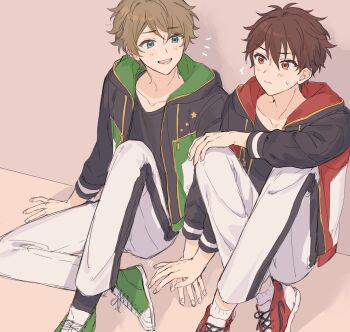 Rule 34 | 2boys, absurdres, black shirt, blush, brown hair, chinese commentary, closed mouth, commentary request, drawstring, ensemble stars!, fingernails, fua1heyvot4ifsr, full body, green eyes, hair between eyes, hand on another's hand, hand on own knee, highres, hood, hood down, hooded jacket, jacket, knee up, knees up, looking at another, male focus, mixed-language commentary, morisawa chiaki, multiple boys, nervous sweating, notice lines, open clothes, open hand, open hands, open jacket, open mouth, pants, partial commentary, red eyes, shirt, shoelaces, short hair, sitting, socks, star (symbol), sweat, takamine midori, teeth, white socks, yaoi
