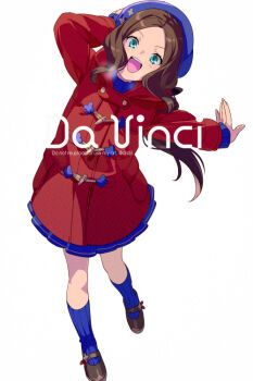 Rule 34 | 1girl, beret, black bow, black shoes, blue eyes, blue hat, blue skirt, blush, bow, breasts, brown hair, character name, commentary request, echo (circa), fate/grand order, fate (series), forehead, full body, hair bow, hat, jacket, kneehighs, leonardo da vinci (fate), leonardo da vinci (fate/grand order), leonardo da vinci (rider) (fate), long hair, long sleeves, looking at viewer, open mouth, parted bangs, ponytail, red jacket, shoes, skirt, small breasts, smile, socks, solo