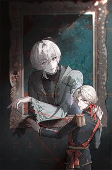 2boys bamcream black_jacket blue_eyes character_request closed_mouth commentary commission crossed_bangs english_commentary epaulettes final_fantasy final_fantasy_xiv grey_hair grey_jacket hair_between_eyes jacket long_sleeves male_focus monocle multiple_boys open_clothes open_jacket parted_bangs parted_lips red_eyes short_hair through_medium through_painting wide_sleeves