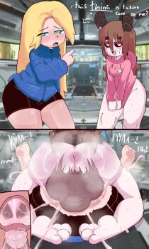 2girls :3 afterimage age_difference android anus ass bike_shorts blonde_hair blue_jacket blurry blurry_background blush bottomless brown_hair buruma cervical_penetration cervix clothed_sex commission cross-section cum cum_in_pussy cum_overflow deep_penetration diana_(pragmata) ejaculation english_text fang freckles furry furry_with_non-furry futa_with_female futanari green_eyes greenstarart heart heart-shaped_pupils highres hood hoodie instant_loss interspecies jacket large_penis large_testicles loli long_hair machine mating_press motion_blur multiple_girls open_mouth original oversized_jacket penis pink_eyes pink_hoodie pragmata sex symbol-shaped_pupils testicles testicles_clench torn_clothes transgender_flag uncensored