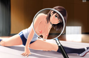 1girl basketball_hoop black_socks blue_buruma blue_butterfly bra bra_visible_through_clothes breasts brown_eyes brown_hair bug buruma butterfly commentary_request gym_shirt gym_uniform indoors insect kneehighs looking_at_viewer magnifying_glass medium_breasts nipples nonaka_ritsu original parted_lips puffy_short_sleeves puffy_sleeves see-through_clothes shirt shoes short_sleeves socks solo touka_(nonaka_ritsu) underwear uwabaki wet wet_clothes wet_shirt white_bra white_shoes x-ray_vision