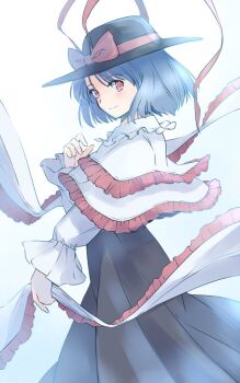 1girl black_hat black_skirt blue_hair bow capelet commentary_request feet_out_of_frame frilled_capelet frilled_ribbon frilled_shirt_collar frills from_side hand_up hat hat_bow hat_ribbon light_blush long_sleeves looking_to_the_side medium_hair nagae_iku one-hour_drawing_challenge rangycrow red_bow red_ribbon ribbon shirt sideways_glance skirt smile solo split_mouth touhou white_background white_capelet white_ribbon white_shirt