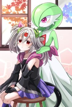 2girls alternate_costume black_gloves blush brushing_another&#039;s_hair brushing_hair closed_mouth commentary_request commission crossover detached_sleeves duel_monster gardevoir gen_3_pokemon ghost_ogre_&amp;_snow_rabbit gloves green_hair grey_hair hair_between_eyes hair_ornament half_gloves hands_on_own_thighs highres holding holding_brush indoors long_hair long_sleeves looking_at_another multiple_girls nintendo pink_eyes pokemon pokemon_(creature) purple_skirt red_eyes skeb_commission skirt smile ukyou_kuro wide_sleeves yu-gi-oh!