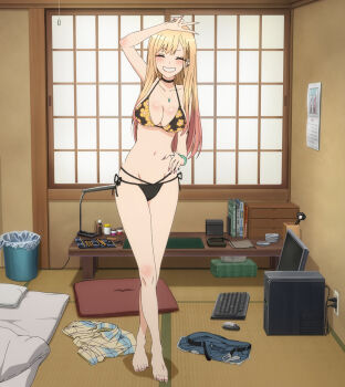 1girl anime_screenshot bikini black_bikini blonde_hair blouse blush breasts calendar choker cleavage closed_eyes collar collarbone computer ear_piercing earrings feet floral_print full_body groin hand_on_own_hip highres jewelry kitagawa_marin large_breasts long_hair nail_polish navel pencil piercing ring shirt shorts side-tie_bikini_bottom smile sono_bisque_doll_wa_koi_wo_suru stitched stomach string_bikini swimsuit teeth thighs third-party_edit unworn_blouse unworn_shorts v