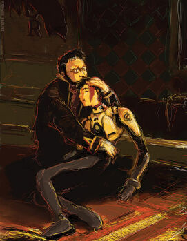 2boys artist_name bad_end beard blood corpse crazy crazy_eyes death facial_hair father_and_son fine_art_parody glasses hug ikari_gendou ikari_shinji injury ivan's_son ivan_the_terrible ivan_the_terrible_and_his_son_ivan logo male_focus mecha_pilot_suit multiple_boys neon_genesis_evangelion nerv parody plugsuit_(evangelion) russian_text science_fiction signature translated valkorn watermark