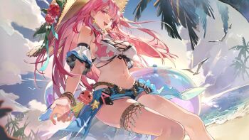 1girl :d ayla:_kaleido_(blue_crush)_(pgr) ayla_(pgr) bare_shoulders beach belt bikini bird blue_nails blue_shorts blue_sky bracelet breasts cleavage clothes_around_waist cloud day detached_sleeves earrings flower frilled_thigh_strap frills hat hat_flower highres holding holding_swim_ring innertube jewelry large_breasts large_hat long_hair looking_at_viewer nail_polish nanchi_fantuan navel ocean official_art open_mouth outdoors palm_tree pink_eyes pink_hair punishing:_gray_raven rope sand shirt shirt_around_waist short_shorts shorts sitting sky smile solo star_(symbol) stomach straw_hat stuffed_animal stuffed_octopus stuffed_toy summer sun_hat swim_ring swimsuit thigh_strap thighs tree water white_bikini