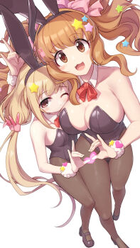 Rule 34 | 2girls, absurdres, animal ear hairband, animal ears, arukiru, black leotard, black pantyhose, black shoes, blonde hair, blunt bangs, blush, bow, bowtie, breasts, brown eyes, brown hair, cleavage, collarbone, covered groin, detached collar, fake animal ears, futaba anzu, hair ornament, hair ribbon, hairband, head on chest, heart, heart hands, heart hands duo, highres, idolmaster, idolmaster cinderella girls, large breasts, leotard, long hair, moroboshi kirari, multiple girls, one eye closed, open mouth, pantyhose, playboy bunny, puffy wrist cuffs, rabbit ear hairband, rabbit ears, red bow, red bowtie, ribbon, shoes, small breasts, twintails, wavy hair