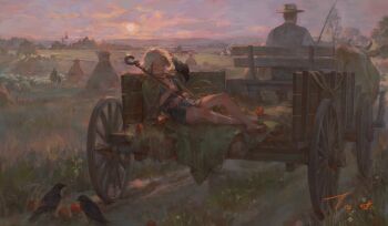 1boy 1other absurdres ambiguous_gender animal bare_legs barefoot basket bird blue_dress brown_cloak building bull cloak closed_eyes colored_eyelashes creamyghost crow curved_horns dress eyelashes feet field food fruit grass hat highres holding holding_staff horns landscape long_hair mountainous_horizon original outdoors path road scenery sheep shepherd shepherd's_crook short_dress short_hair sleeping slice_of_life staff sun sunset toes town tree very_long_hair wagon white_background