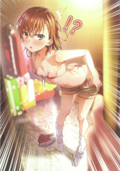 !? 1girl 1other ^^^ absurdres asymmetrical_bangs bikini blush box breasts brown_eyes brown_hair christmas_present clothes_pull comiket_107 doorway emphasis_lines gift gift_box hair_behind_ear hair_ornament hairpin halterneck hat highres indoors isshi_pyuma leaning_forward loli looking_at_viewer medium_hair misaka_mikoto notice_lines open_mouth pov_doorway red_bikini santa_bikini santa_costume santa_hat scan shorts shorts_pull side-tie_bikini_bottom sideboob small_breasts socks solo_focus swimsuit toaru_kagaku_no_railgun toaru_majutsu_no_index undressing unworn_hat unworn_headwear walk-in white_socks
