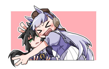 Rule 34 | > <, 2girls, :d, animal ears, beer hsk, black hair, bow, breasts, brown hat, bunny ears prank, closed eyes, commentary request, ear covers, gold ship (umamusume), green eyes, grey hair, hair between eyes, hat, horse ears, horse girl, horse tail, kin'iro ryotei (umamusume), long hair, low ponytail, medium breasts, mini hat, multiple girls, open mouth, outline, parted lips, pink background, pleated skirt, ponytail, puffy short sleeves, puffy sleeves, purple bow, purple shirt, school uniform, shirt, short sleeves, skirt, smile, tail, tracen school uniform, umamusume, very long hair, white outline, white skirt, xd