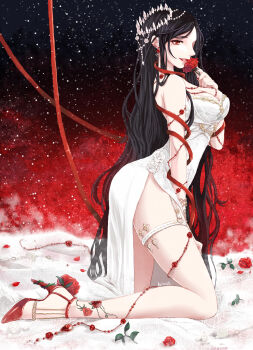 Rule 34 | 1girl, arm ribbon, beads, belt, belt buckle, black hair, black sky, breasts, buckle, cleavage, commentary, crown, dress, earrings, eyelashes, flower, flower earrings, flower to mouth, full body, gold buckle, gradient sky, hair beads, hair ornament, happy, high heels, highres, hino (8), holding, holding flower, jewelry, kneeling, large breasts, lipstick, long hair, looking at viewer, low neckline, makeup, medium dress, miracle nikki, mole, mole under eye, necklace, night, night sky, nikki (series), on bed, parted lips, pink lips, red eyes, red flower, red ribbon, red rose, red shoes, red sky, ribbon, rose, rose kiss (miracle nikki), shoes, side slit, signature, sky, smile, solo, star (sky), starry sky, stiletto heels, strapless, strapless dress, teeth, thigh belt, thigh strap, thorns, very long hair, wavy hair, white belt, white crown, white dress