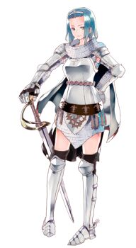 1girl armor armored_boots armored_skirt bangs_pinned_back belt black_belt black_thighhighs blue_armor blue_hair boots breastplate cape chainmail circlet closed_mouth full_body gauntlets grey_cape grey_eyes kiryuu_tsukasa_(citrocube) knight_(ragnarok_online) large_variant_set looking_at_viewer official_art pauldrons pommel ragnarok:_guild_masters ragnarok_online saber_(weapon) short_hair shoulder_armor simple_background smile solo spurs standing sword thighhighs transparent_background variant_set weapon