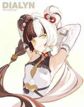 1girl ahoge ark_john_up armpits arms_behind_head bare_shoulders black_hair braid braided_twintails character_name china_dress chinese_clothes closed_mouth commentary_request detached_sleeves dialyn_(zenless_zone_zero) dress earrings hair_extensions hair_intakes hair_ornament hairclip highres id_card jewelry long_hair looking_to_the_side multicolored_hair necktie panda_hair_ornament ring_hair_extensions solo sparkling_eyes split-color_hair twitter_username upper_body white_background white_dress white_hair yellow_eyes yellow_necktie zenless_zone_zero